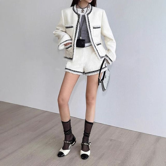 Crew Neck Contrast Trim Fringed Open Front Tweed Jacket