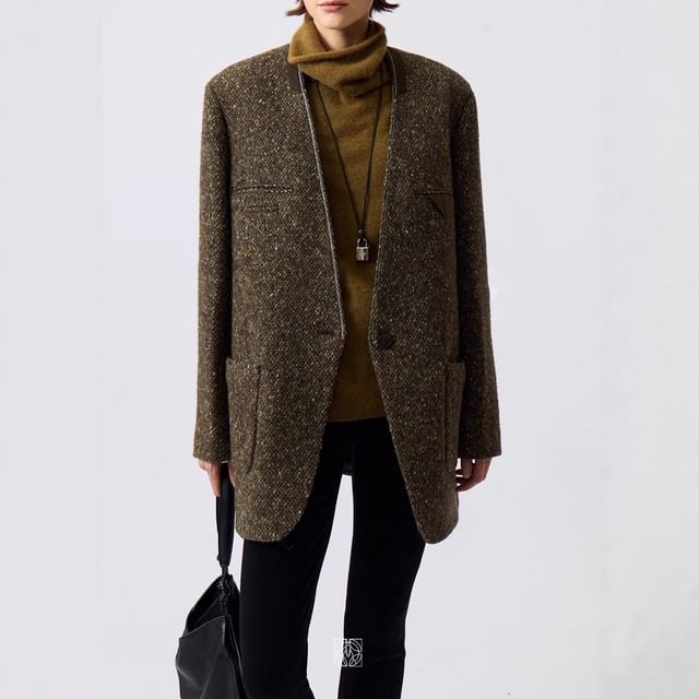 V-Neck One-Buttoned Tweed Oversized Blazer