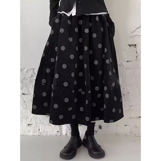 Dotted Corduroy Midi A-Line Skirt with High Rise