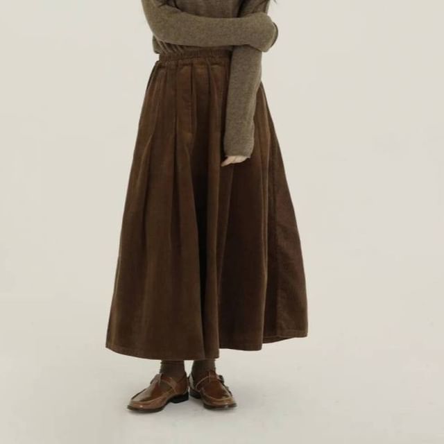 Plain Corduroy Midi A-Line Skirt with Elastic Waist