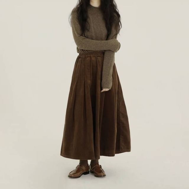 Plain Corduroy Midi A-Line Skirt with Elastic Waist