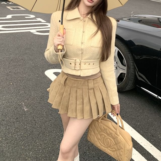 Collared Belted Hook And Eye Tweed Crop Jacket / High Waist Plain Pleated Mini A-Line Skirt