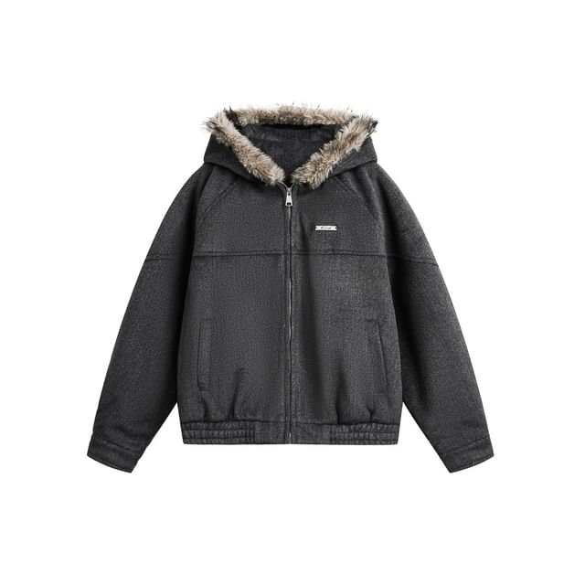 Faux Fur-Trim Hooded Wool Jacket