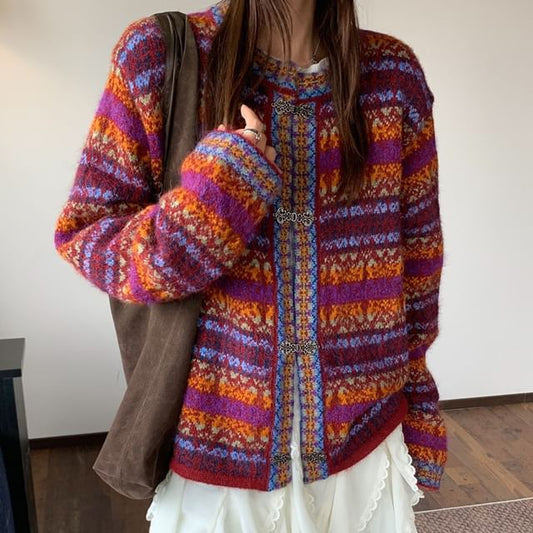 Round Neck Striped Hook and Eye Cardigan