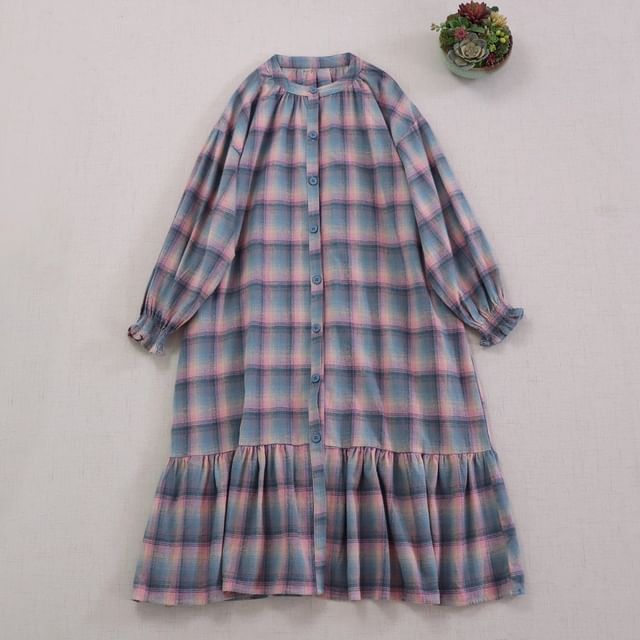 Long-Sleeve Crew Neck Plaid Button-Up Maxi Tunic Dress