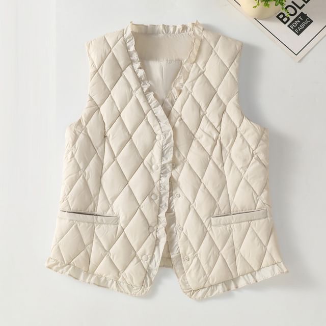 Plain V-Neck Ruffle Quilted Button Vest