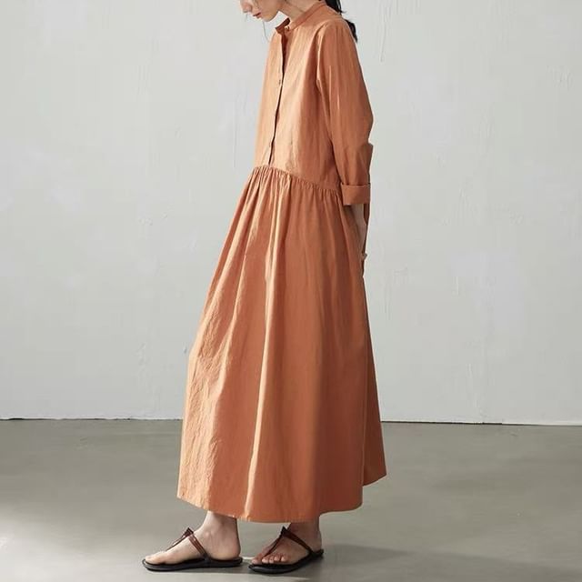 Long Sleeve Band Collar Plain Gathered Button Maxi A-Line Dress