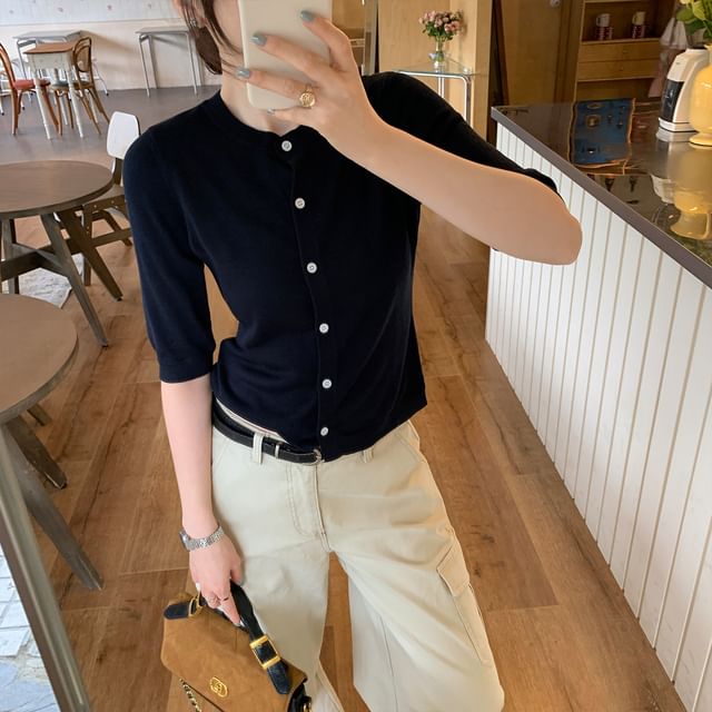 Elbow-Sleeve Crew Neck Button-Up Plain Crop Cardigan