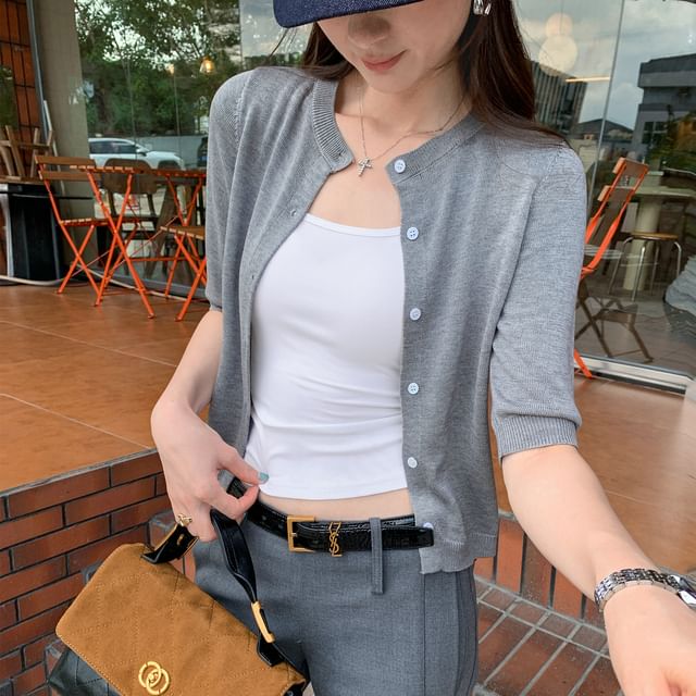 Elbow-Sleeve Crew Neck Button-Up Plain Crop Cardigan