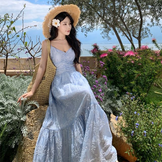 Spaghetti Strap V-Neck Plain Maxi A-Line Dress