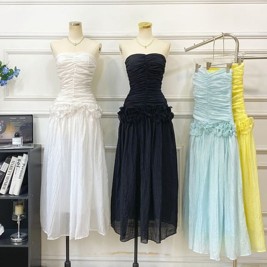 Plain Ruched Ruffle Maxi A-Line Tube Dress