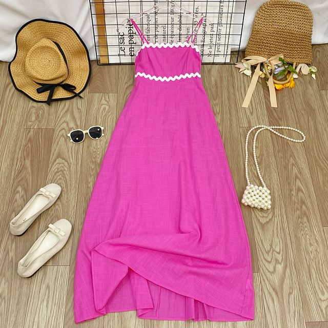 Spaghetti Strap Two Tone Panel Maxi A-Line Dress