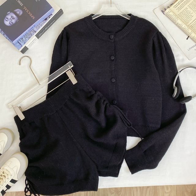 Set: Round Neck Plain Cardigan + High Waist Drawstring Knit Shorts