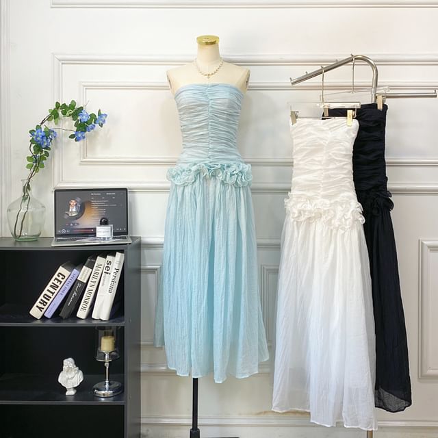 Plain Ruched Ruffle Maxi A-Line Tube Dress