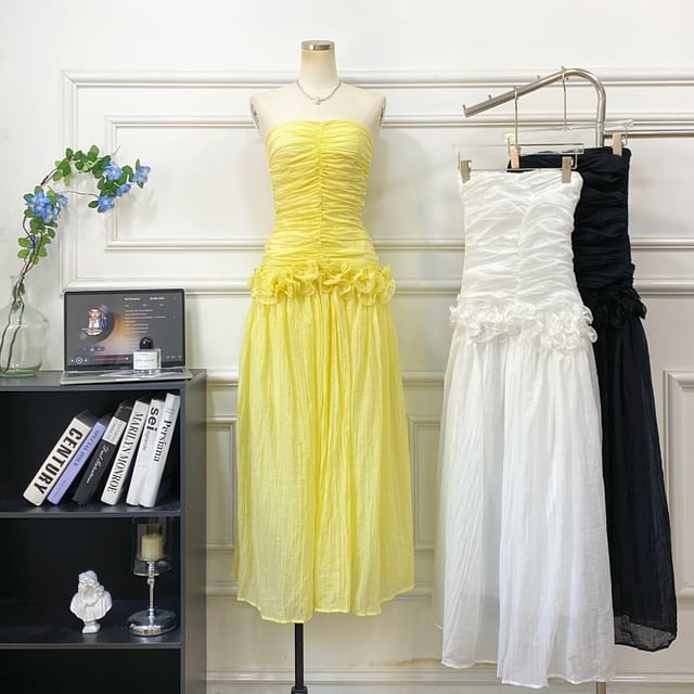 Plain Ruched Ruffle Maxi A-Line Tube Dress