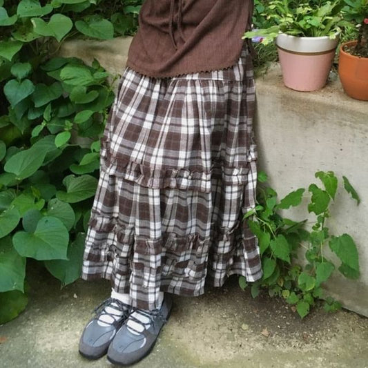 Plaid Frill Midi A-Line Skirt with Elastic Waist