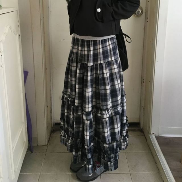 Plaid Frill Midi A-Line Skirt with Elastic Waist