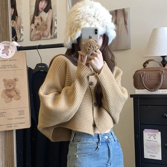 Crew Neck Button-Up Plain Crop Cardigan