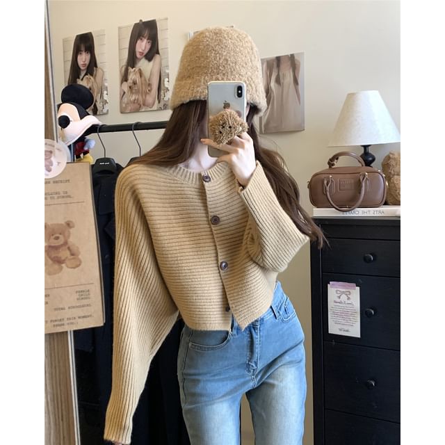 Crew Neck Button-Up Plain Crop Cardigan