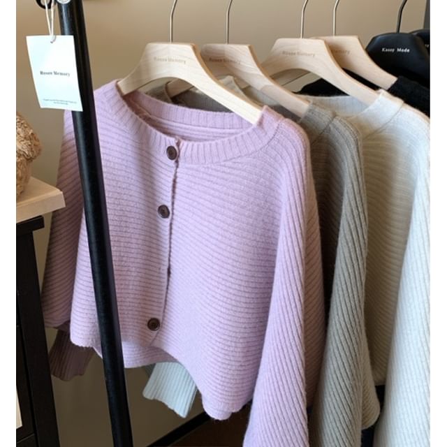 Crew Neck Button-Up Plain Crop Cardigan