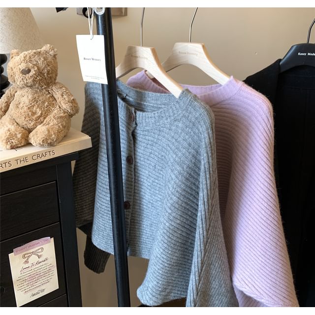 Crew Neck Button-Up Plain Crop Cardigan