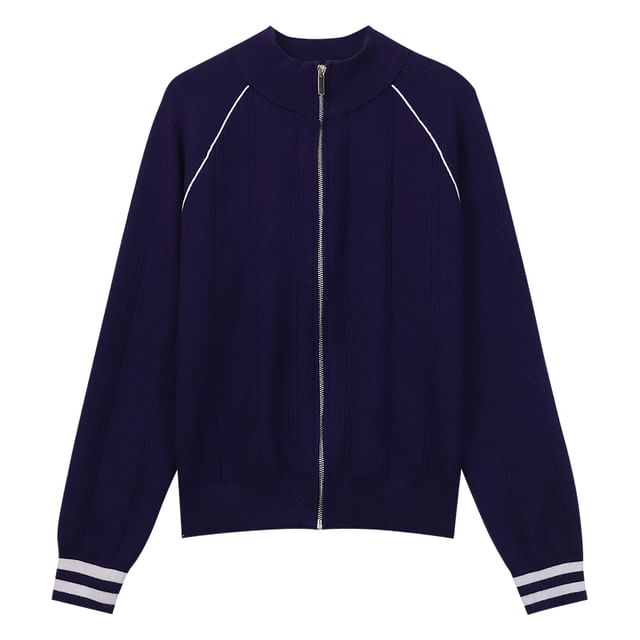 Stand Collar Contrast Trim Zip-Up Cardigan