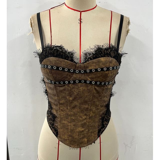 Lace-Trimmed Crop Corset Top with Grommet Details