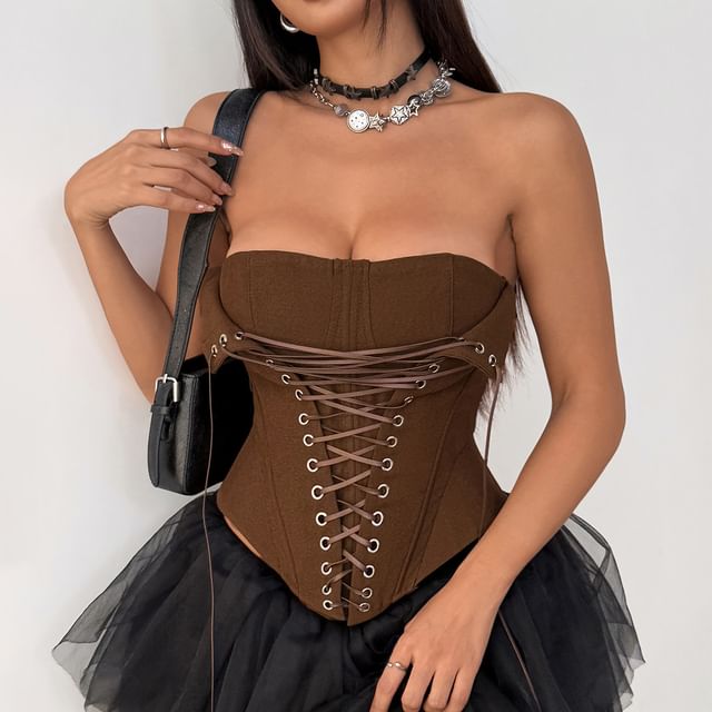 Lace-Up Corset Tube Top with Solid Design