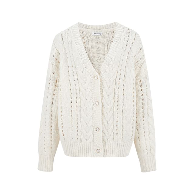 V-Neck Plain Cable Knit Cardigan