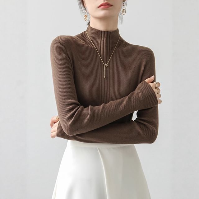 Long Sleeve Mock Neck Plain Ribbed Knit Shirt