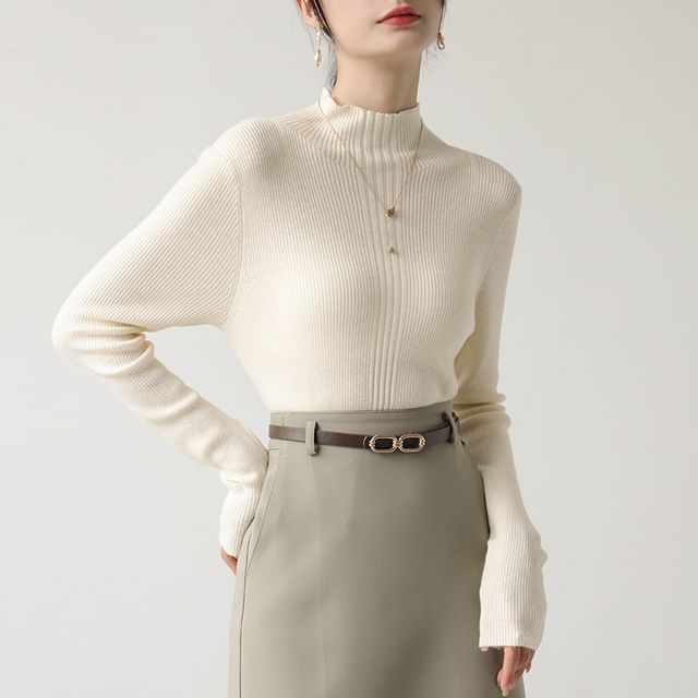 Long Sleeve Mock Neck Plain Ribbed Knit Shirt