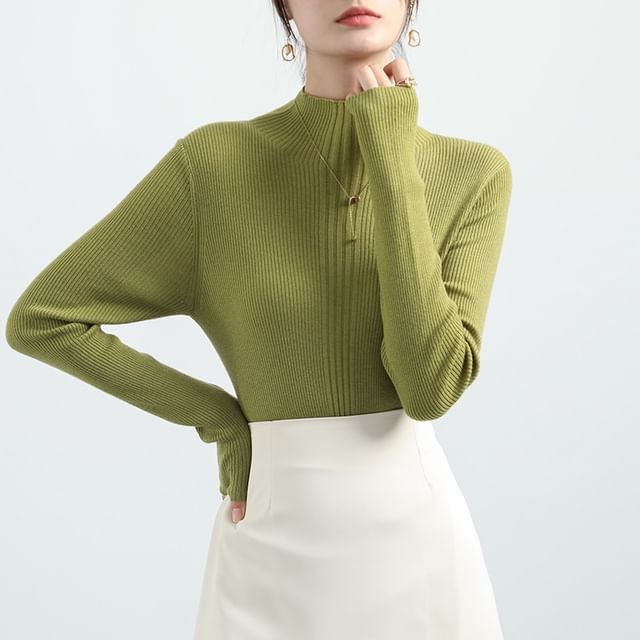 Long Sleeve Mock Neck Plain Ribbed Knit Shirt