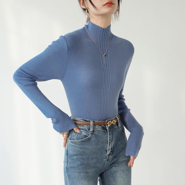 Long Sleeve Mock Neck Plain Ribbed Knit Shirt
