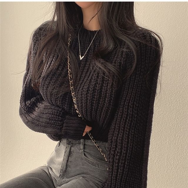 Crew Neck Plain Chunky Knit Cropped Sweater