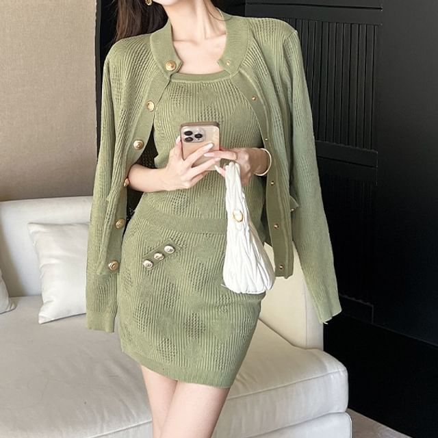 Set: Sleeveless Plain Ribbed Mini Sheath Dress + Round Neck Cardigan