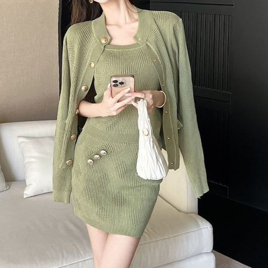 Set: Sleeveless Plain Ribbed Mini Sheath Dress + Round Neck Cardigan