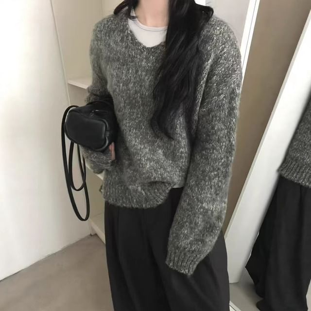 Melange V-Neck Knit Sweater