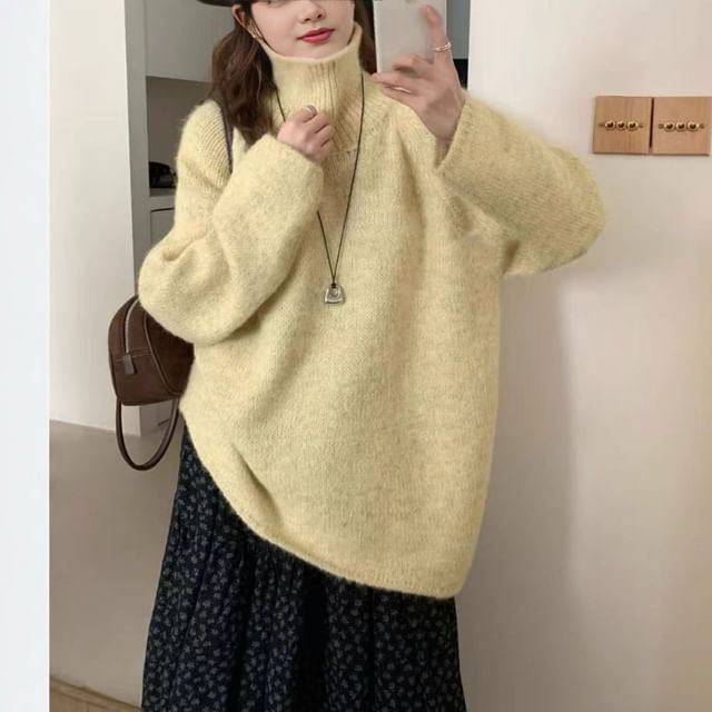 Asymmetrical Slit Turtleneck Oversized Sweater