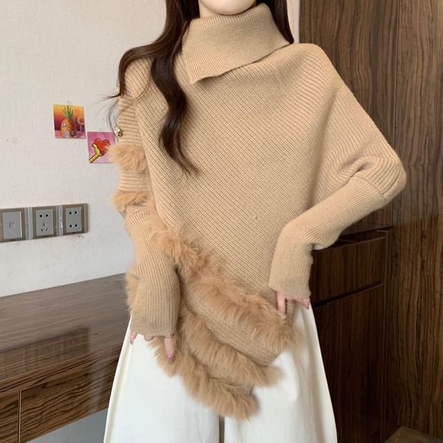 Fluffy Panel Turtleneck Asymmetrical Knit Top Long Sleeve