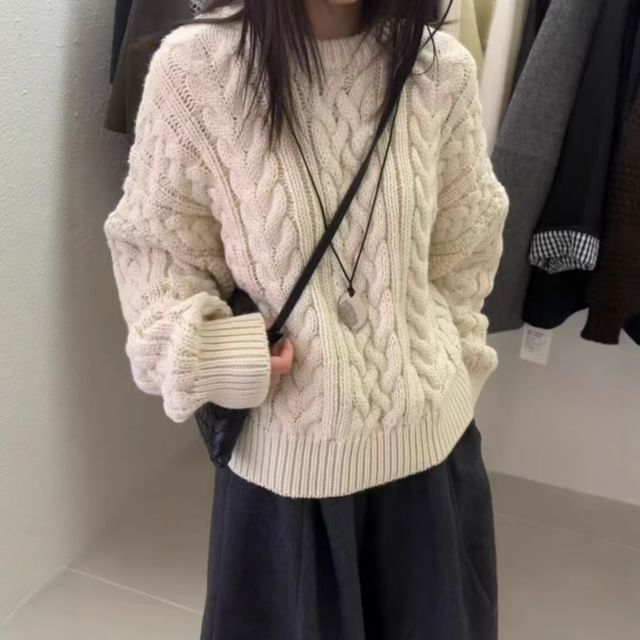 Cable Knit Crew Neck Pullover Sweater