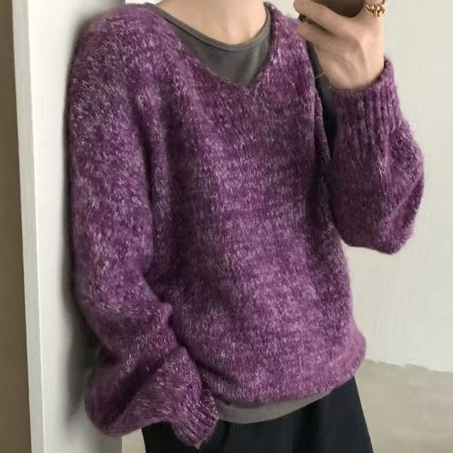 Melange V-Neck Knit Sweater