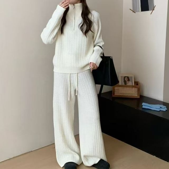 Stand Collar Half-Zip Sweater with Drawstring Wide Leg Pants Set