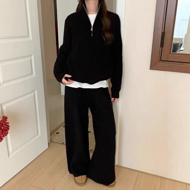 Stand Collar Half-Zip Sweater with Drawstring Wide Leg Pants Set