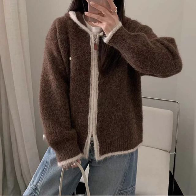 Contrast Trim Zip-Up Knit Hoodie