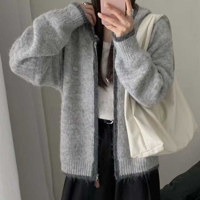 Contrast Trim Zip-Up Knit Hoodie