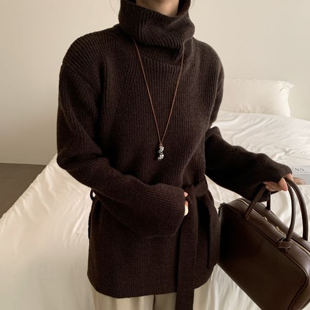 Oversized Turtleneck Slit Sweater Set with Belt