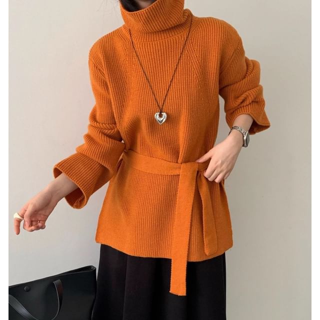 Oversized Turtleneck Slit Sweater Set with Belt