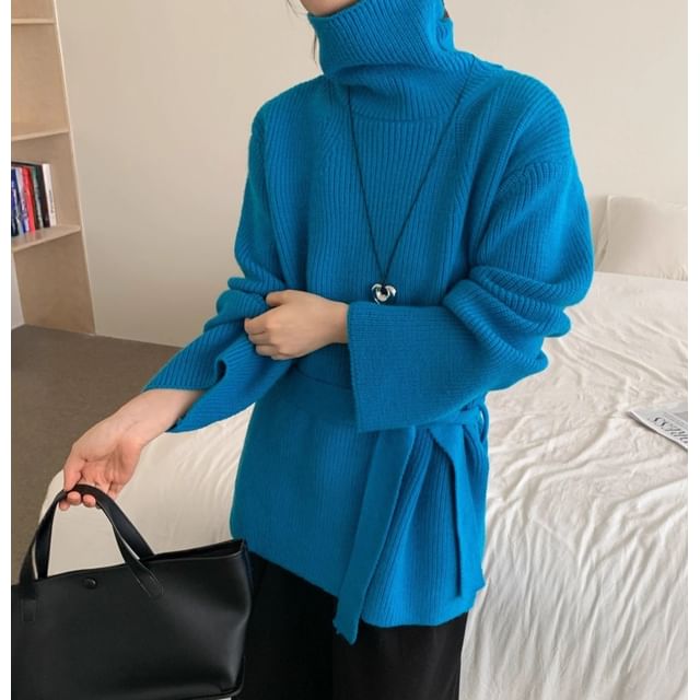 Oversized Turtleneck Slit Sweater Set with Belt
