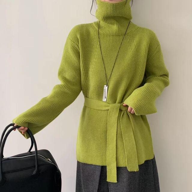 Oversized Turtleneck Slit Sweater Set with Belt