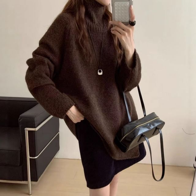 Asymmetrical Slit Turtleneck Oversized Sweater